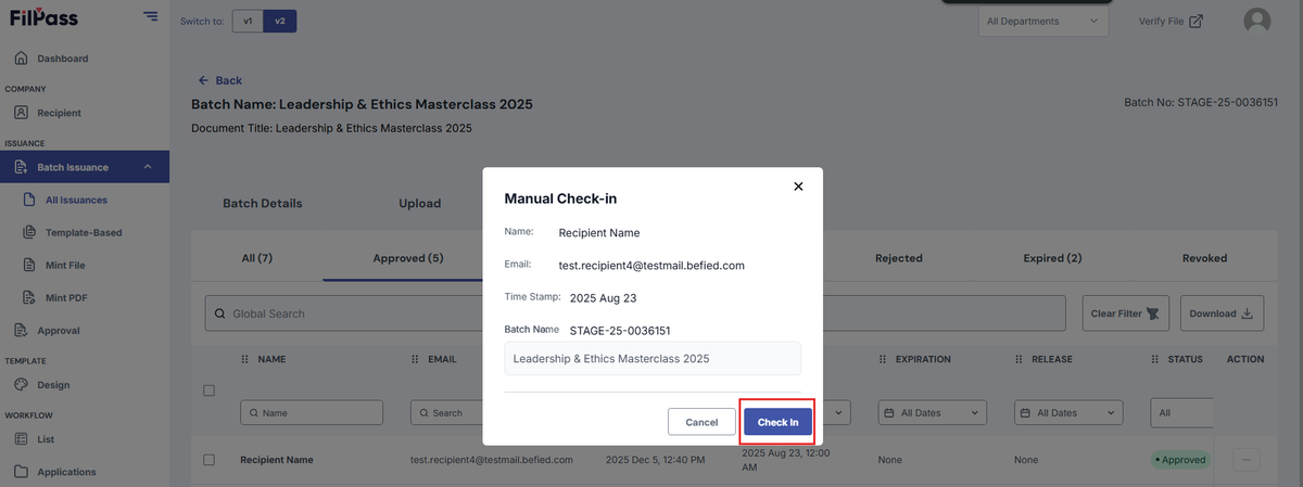 Image of the Manual Check-in modal with the Check in button highlighted in a red box