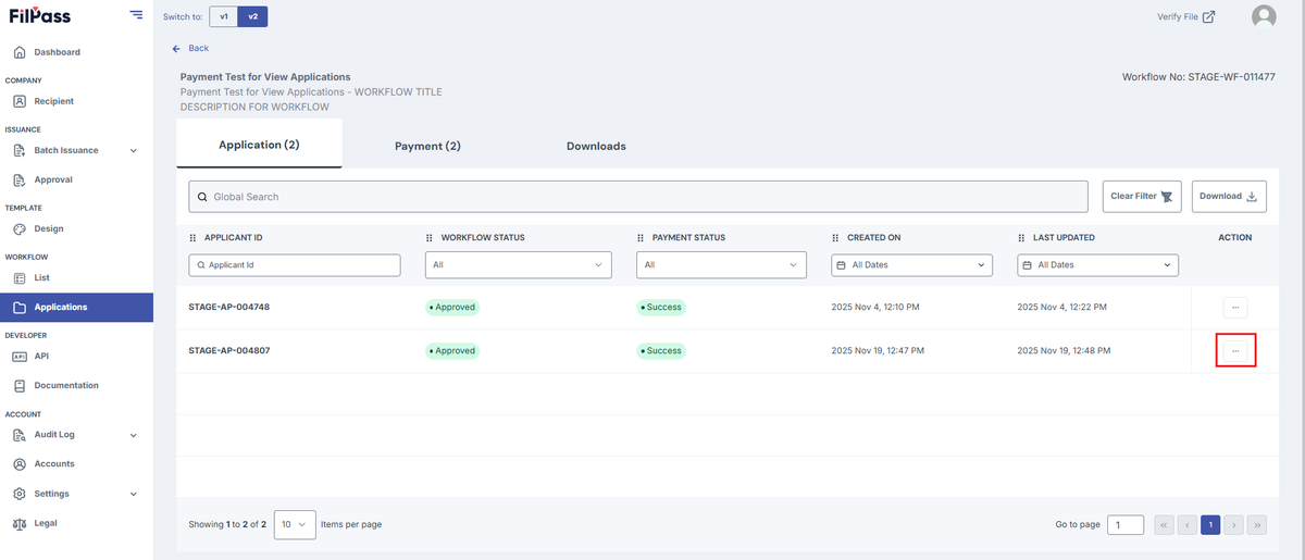 Image of the Workflow List page with the Action button highlighted in a red box