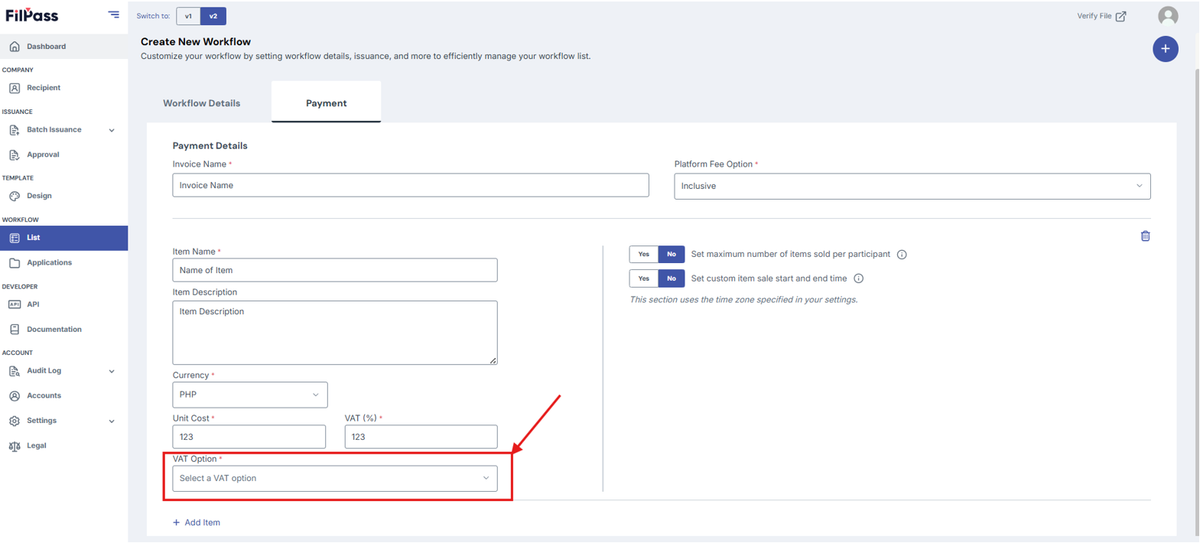 Image of Payment Tab with the VAT Option field highlighted in a red box