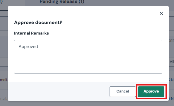 Image of Confirmation modal with the Approve button highlighted by a red box
