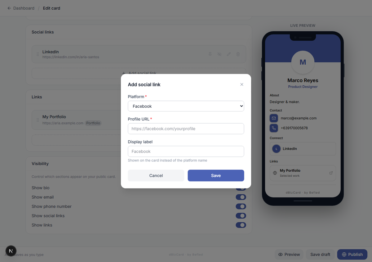 Add social link dialog