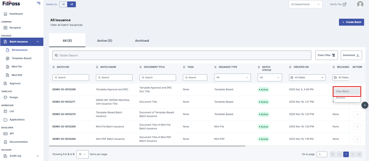Image of All Issuances page with the View Batch button highlighted in a red box