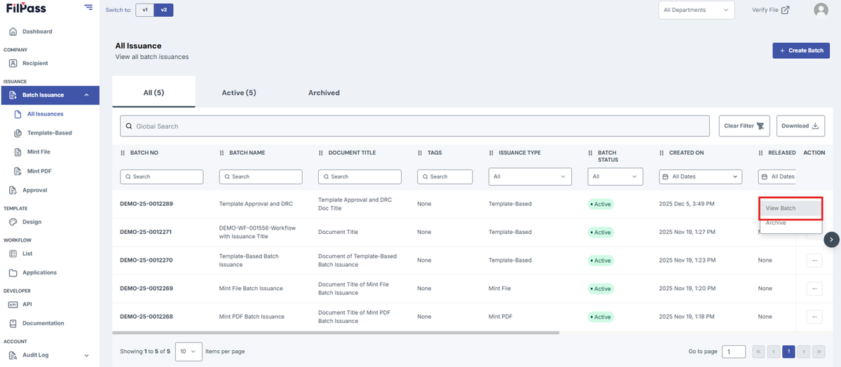 Image of All Issuances page with the View Batch button highlighted in a red box