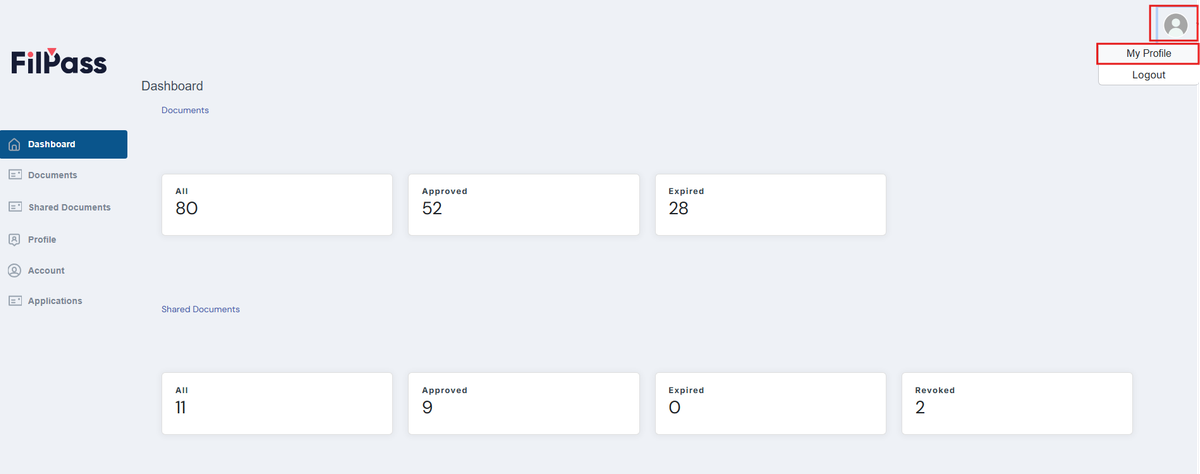 Image of Dashboard with the Profile photo and My Profile button highlighted by a red box