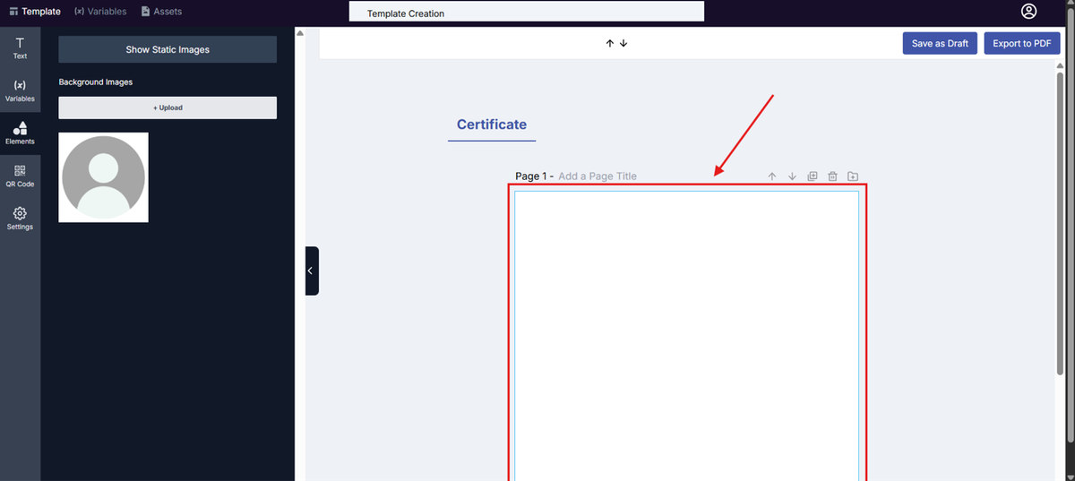 Image of the Template Design page with the Page section highlighted in a red box
