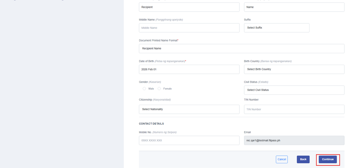 Image of the Personal Information page with the Continue button highlighted in a red box