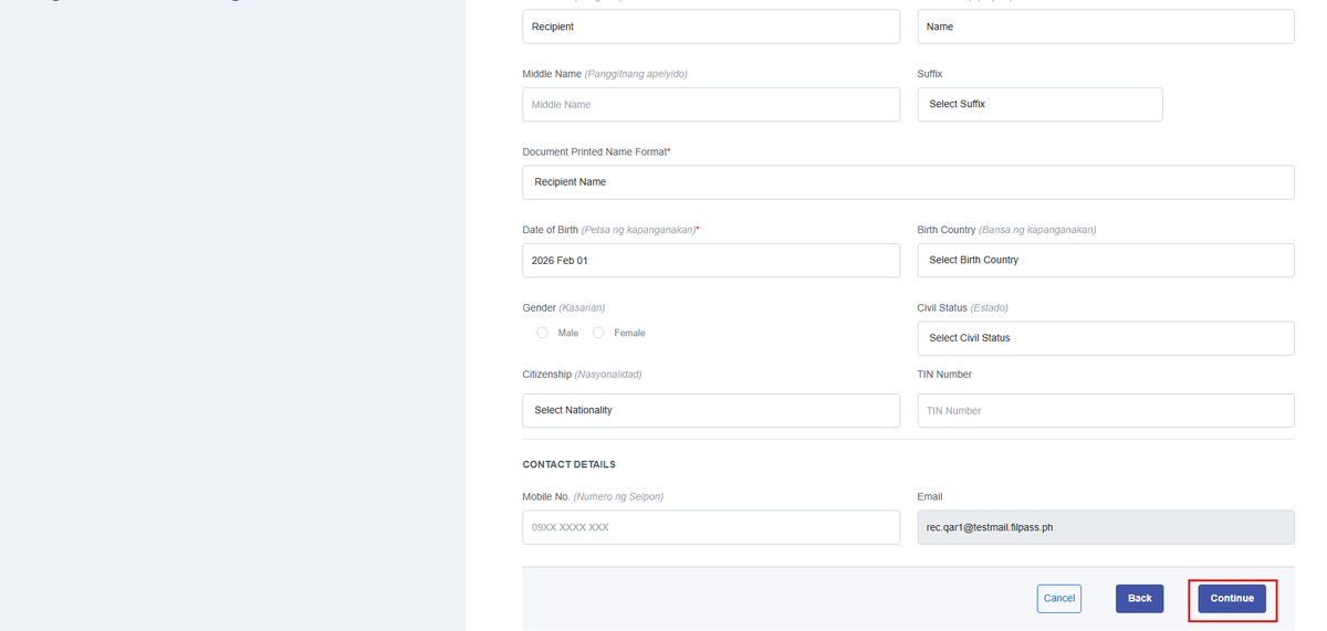 Image of the Personal Information page with the Continue button highlighted in a red box