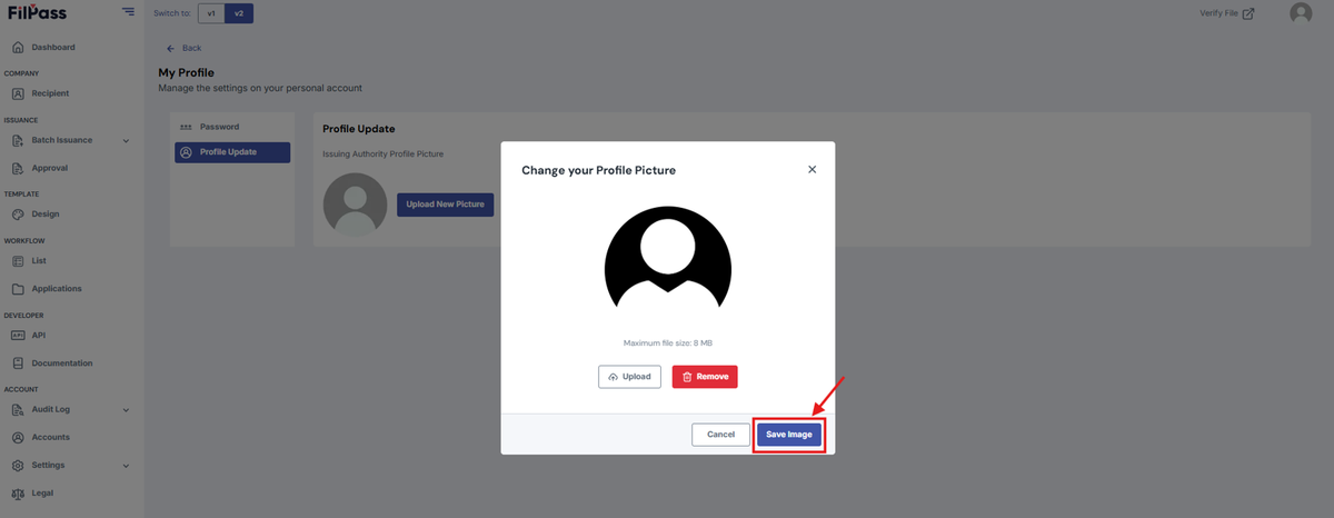Image of Change Profile Picture modal with the new Profile picture with a highlighted Save Image button.