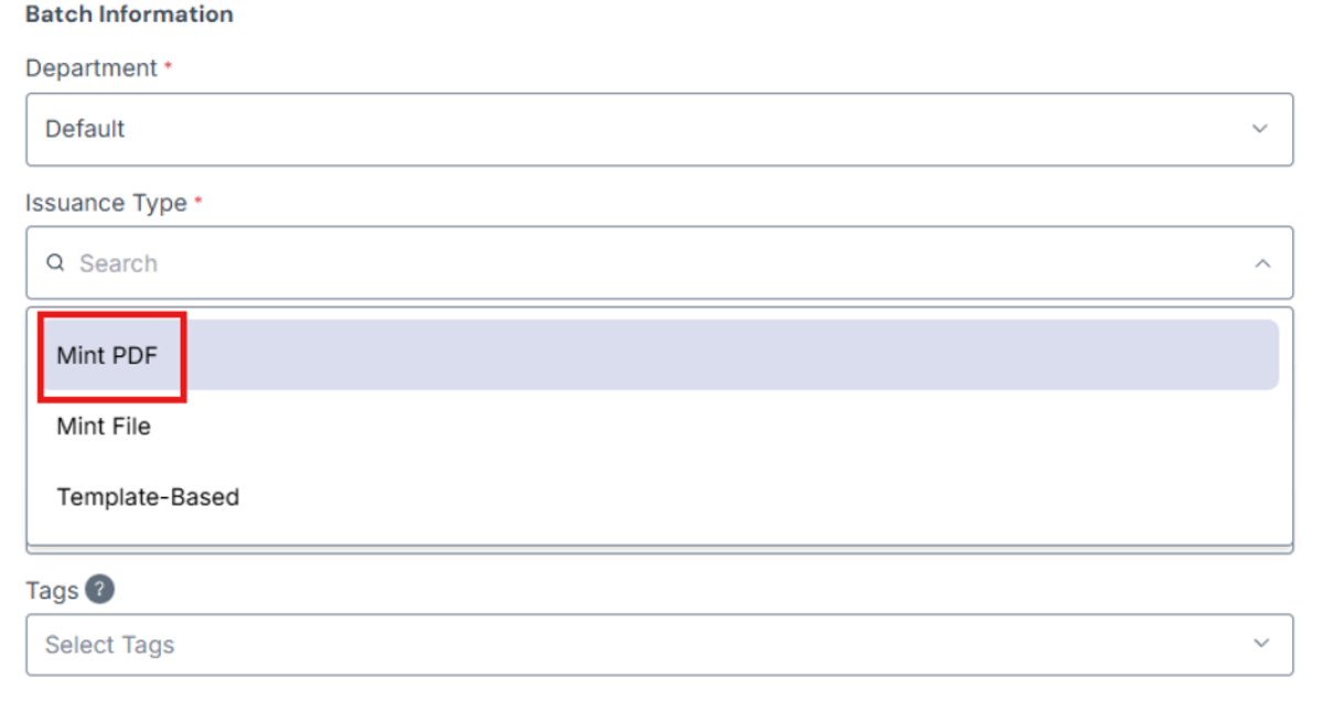 Issuance Type field dropdown with Mint PDF option highlighted in a red box