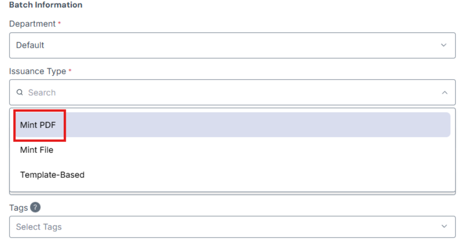 Issuance Type field dropdown with Mint PDF option highlighted in a red box