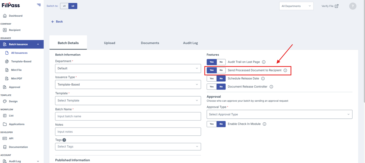 Image of Create batch page with the Send Processed Document to Recipient feature highlighted in a red box