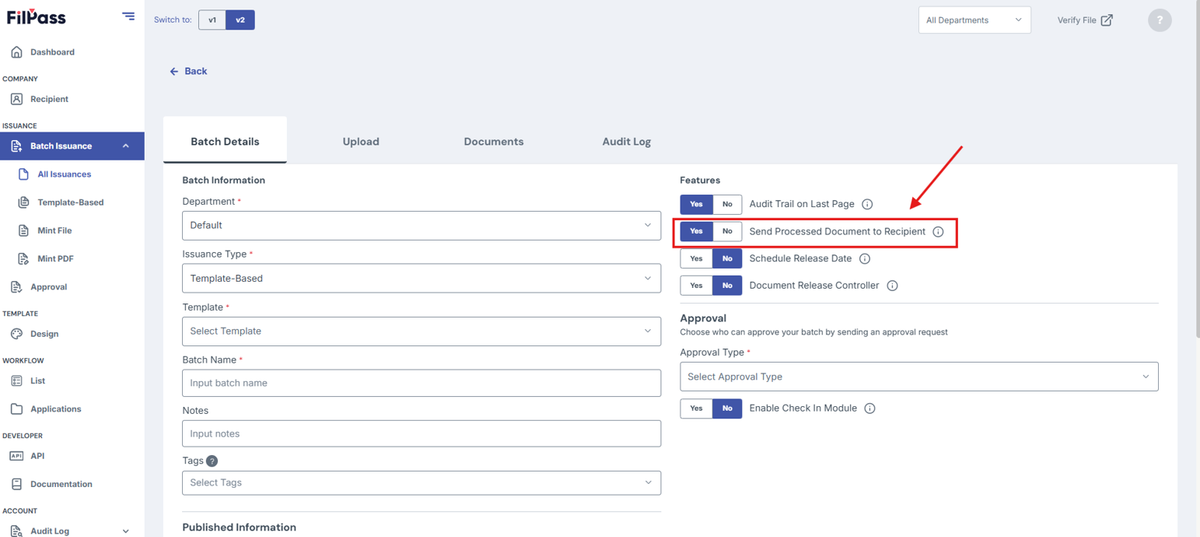 Image of Create batch page with the Send Processed Document to Recipient feature highlighted in a red box