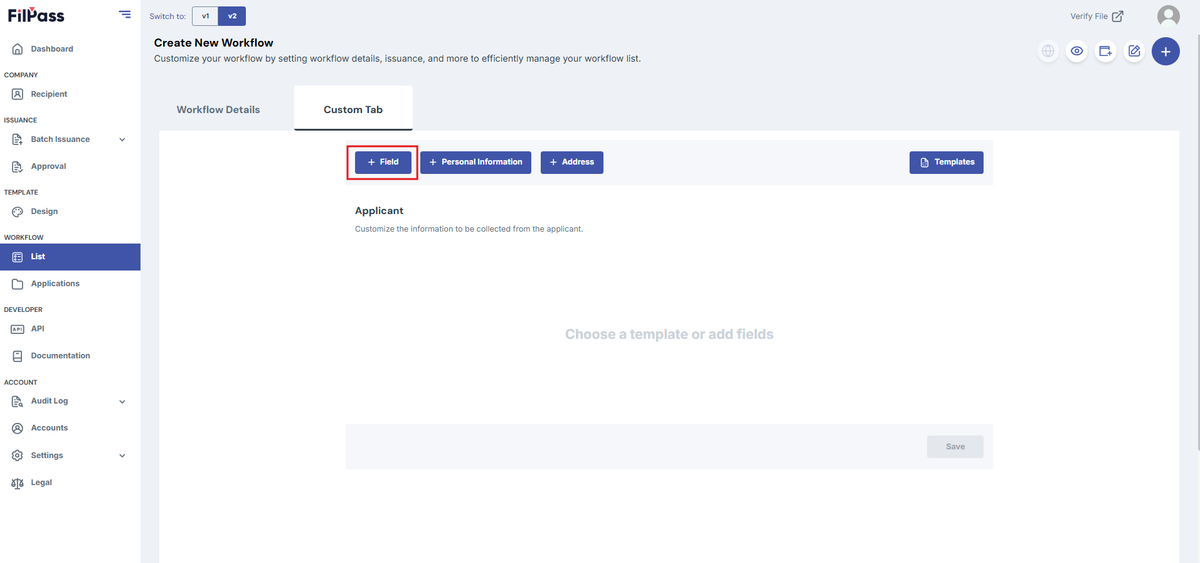 Image of the Custom tab page with the Field button highlighted in a red box