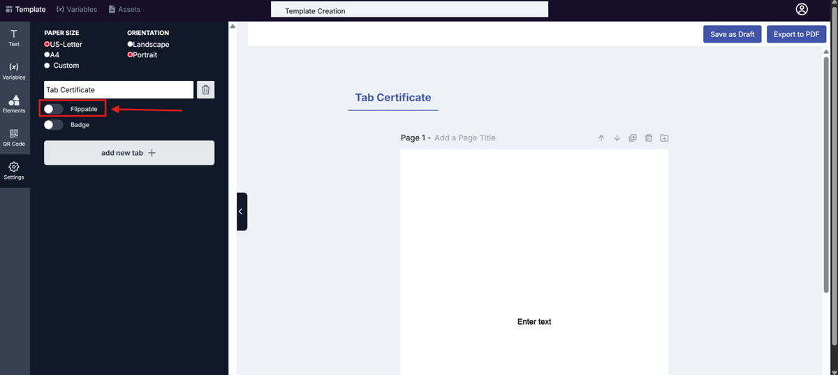 Image of the Template Design page with the Flippable toggle highlighted in a red box