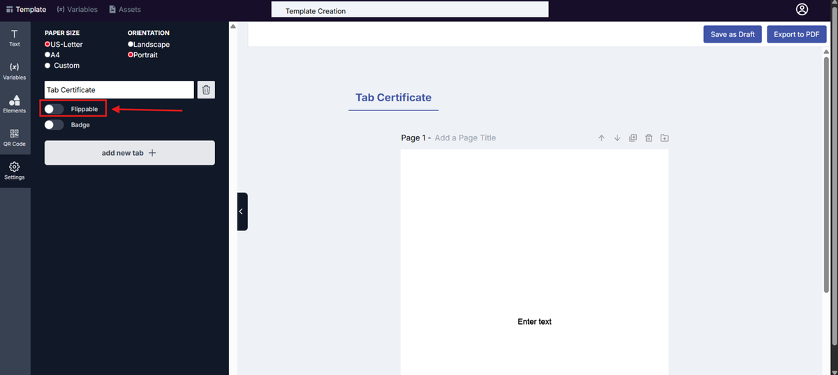 Image of the Template Design page with the Flippable toggle highlighted in a red box