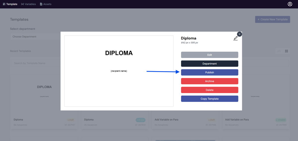 Image of the created Template modal with the Publish and Map button highlighted in a red box