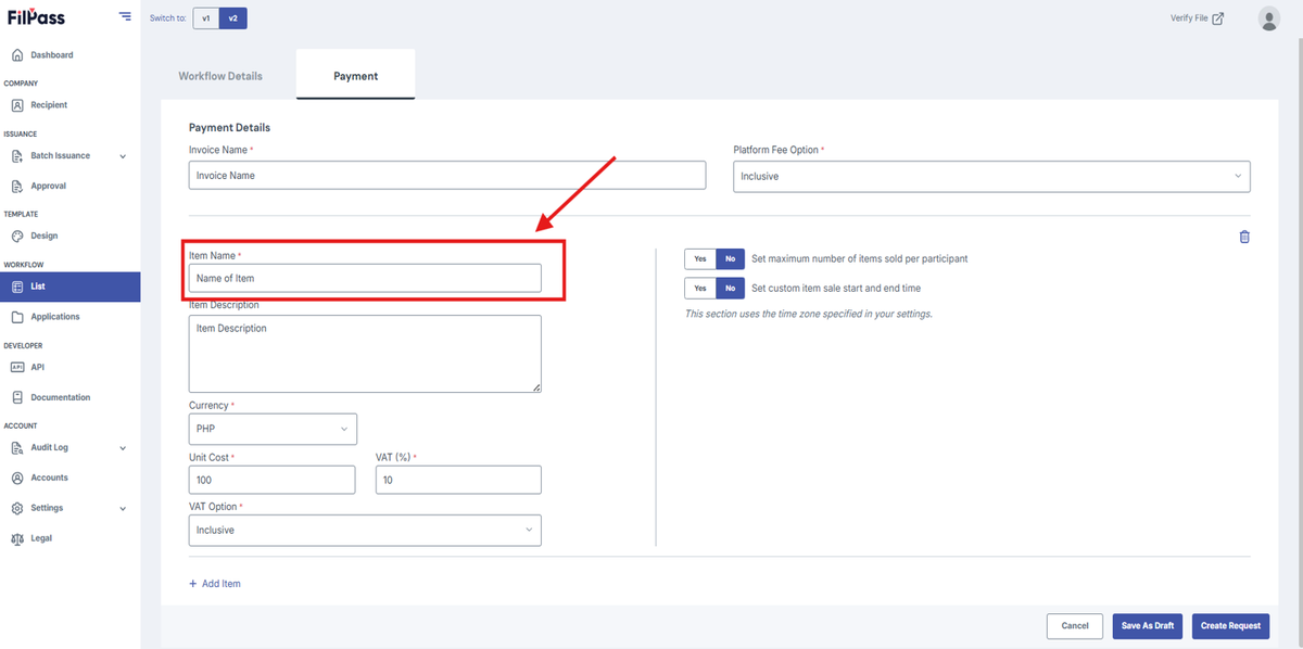 Image of Payment Tab with the Invoice name field highlighted in a red box