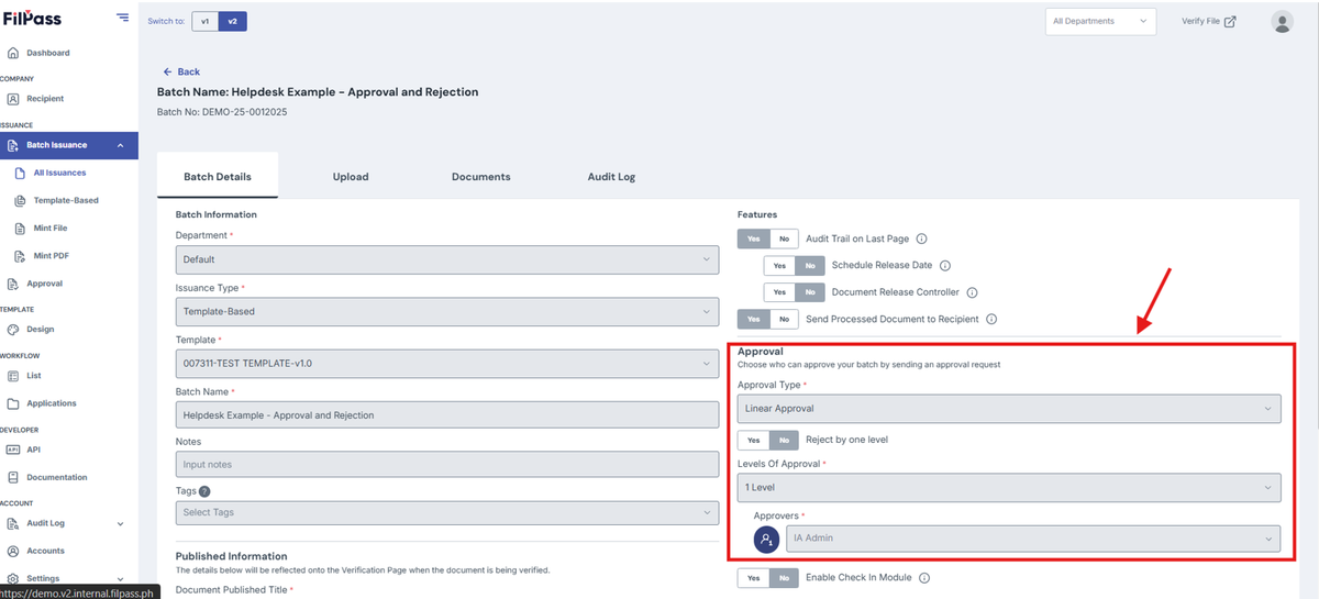 Image of Create batch page with the Approval section highlighted by a red box