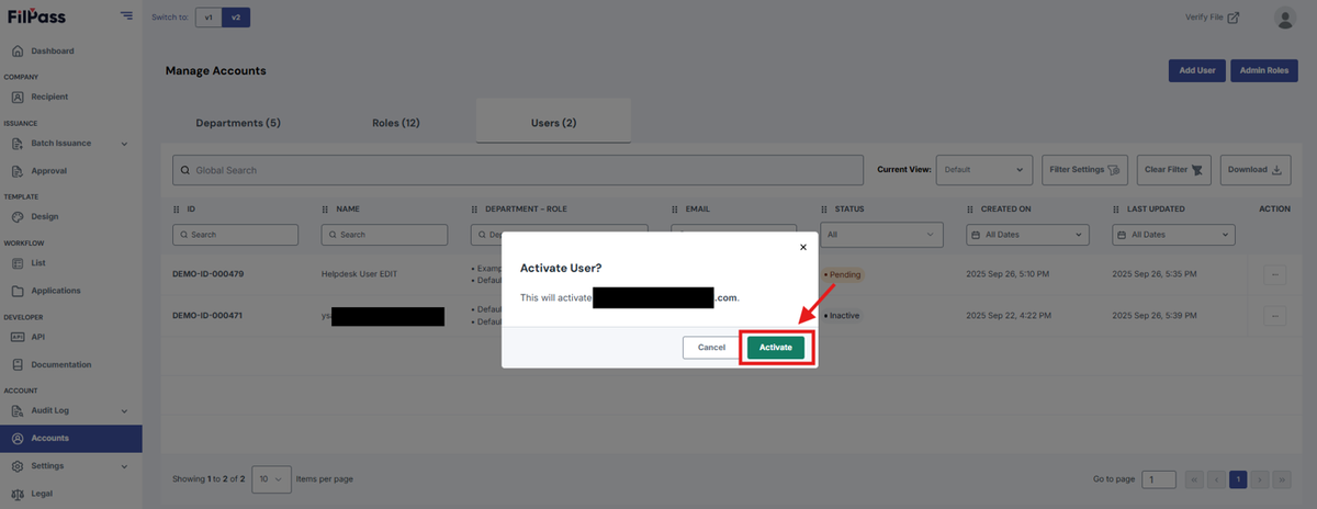 Image of the Activate User pop-up modal with the Activate button being highlighted.