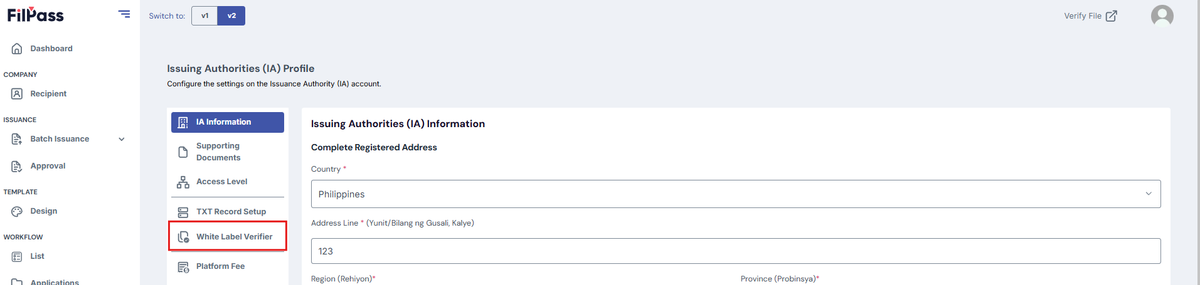 Image of the IA Profile page with a highlighted White Label Verifier tab.