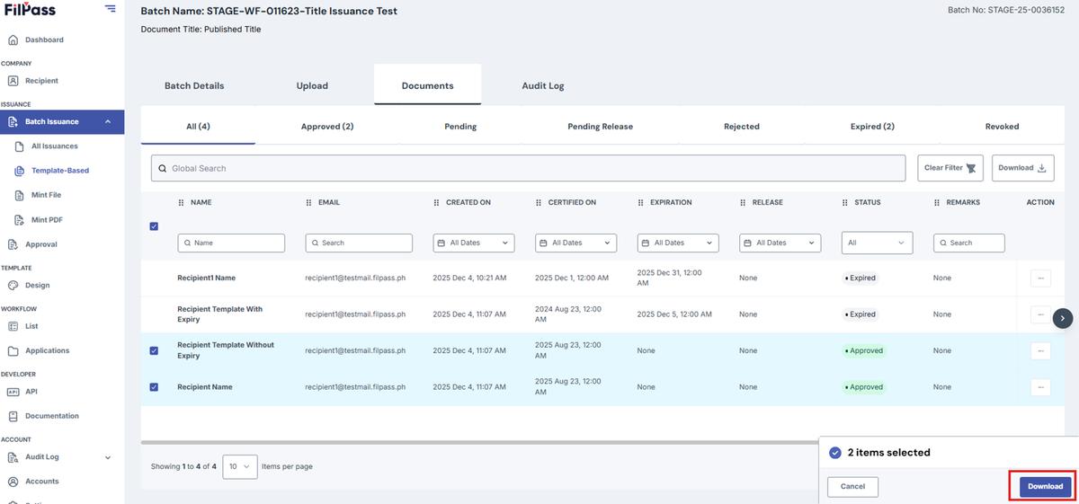 Image of Documents page with Download button highlighted by a red box