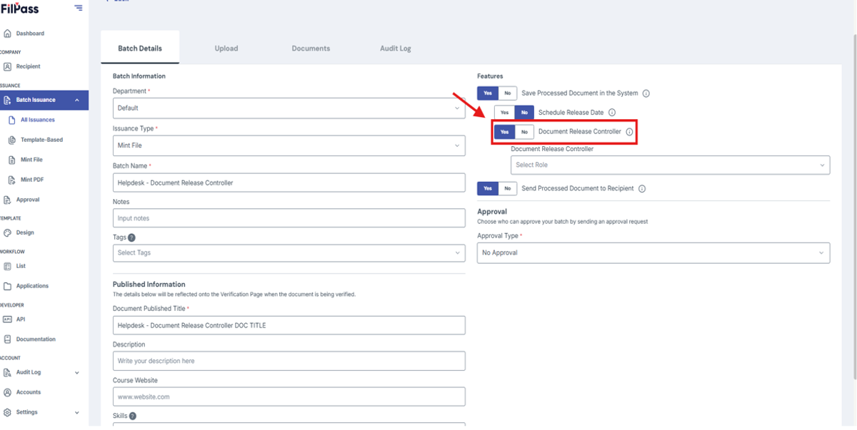 Image of Create Batch page with Mint File issuance and with Document Release Controller highlighted in a red box