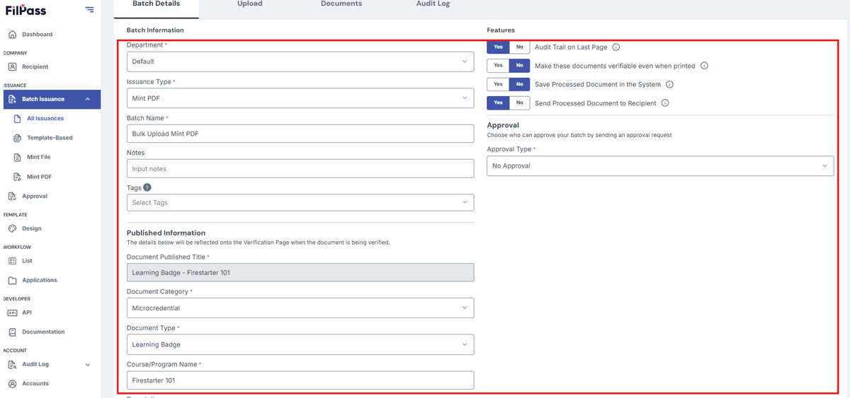 Image of Create Batch page with all the content such as fields and feature toggles highlighted in a red box