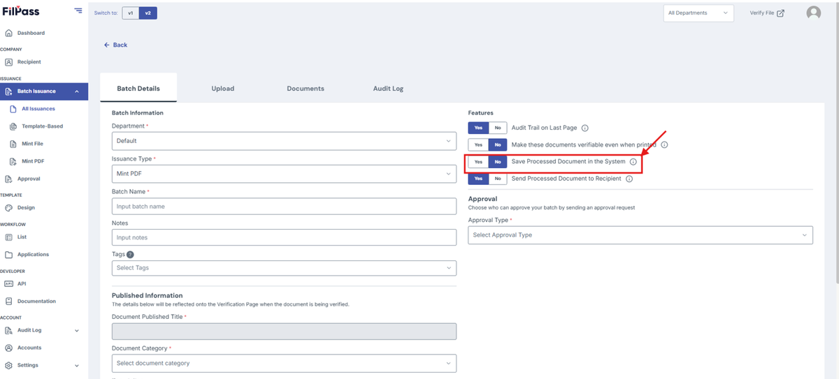 image of Create Batch page with the feature Save Processed Documents in the System highlighted in a red box