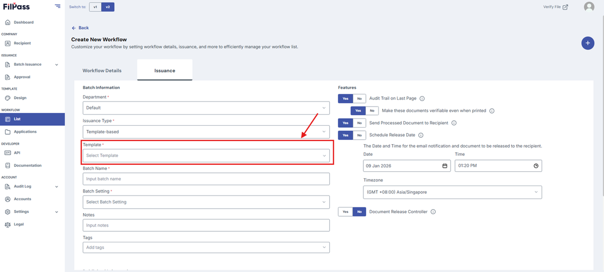 Image of Issuance tab with the Template field highlighted in a red box