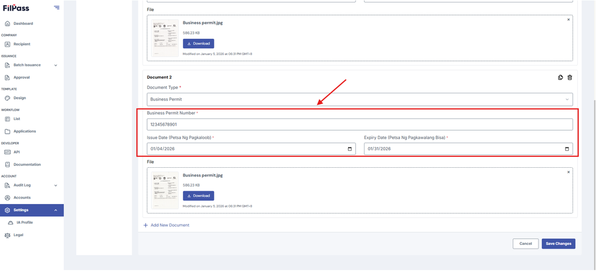 Image of the page with the highlighted necessary details.