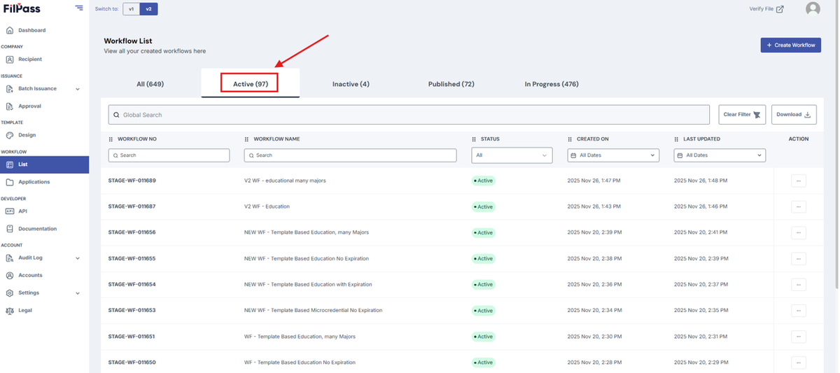 Image of Workflow list page with Active tab highlighted in a red box