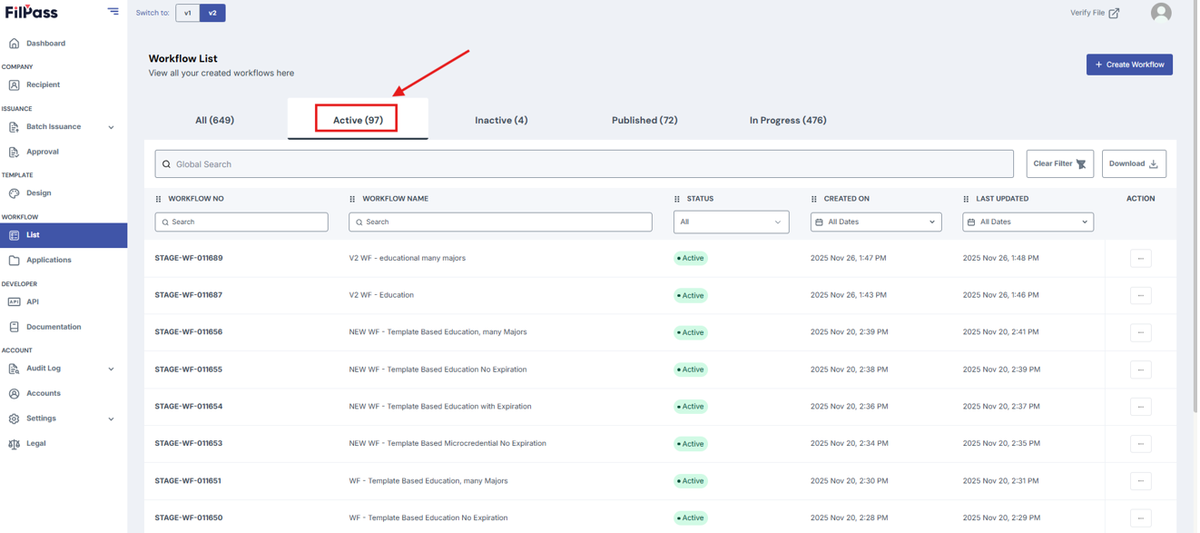 Image of Workflow list page with Active tab highlighted in a red box
