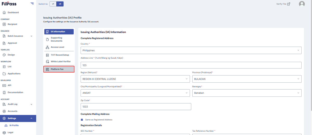 Image of the IA Profile page with a highlighted Platform Fee tab.