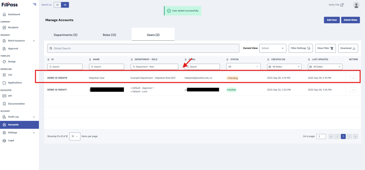 Image of the User table with the newly created user highlighted