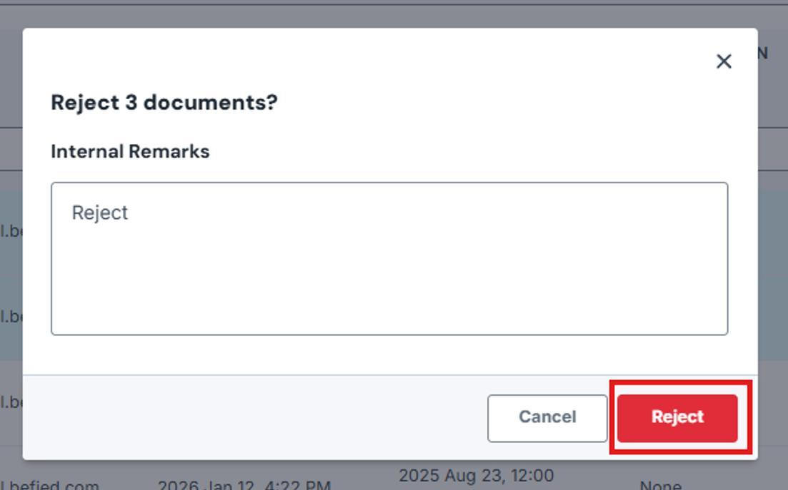 Image of Reject modal with the Reject button highlighted by a red box