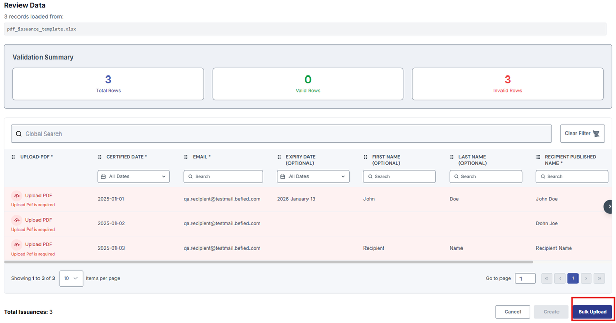 Image of Upload page with Bulk Upload button highlighted in a red box
