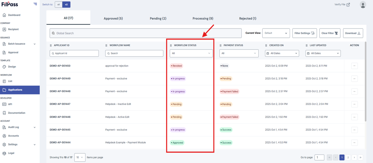 Image of the Workflow Applications page with the Workflow Status column highlighted in a red box