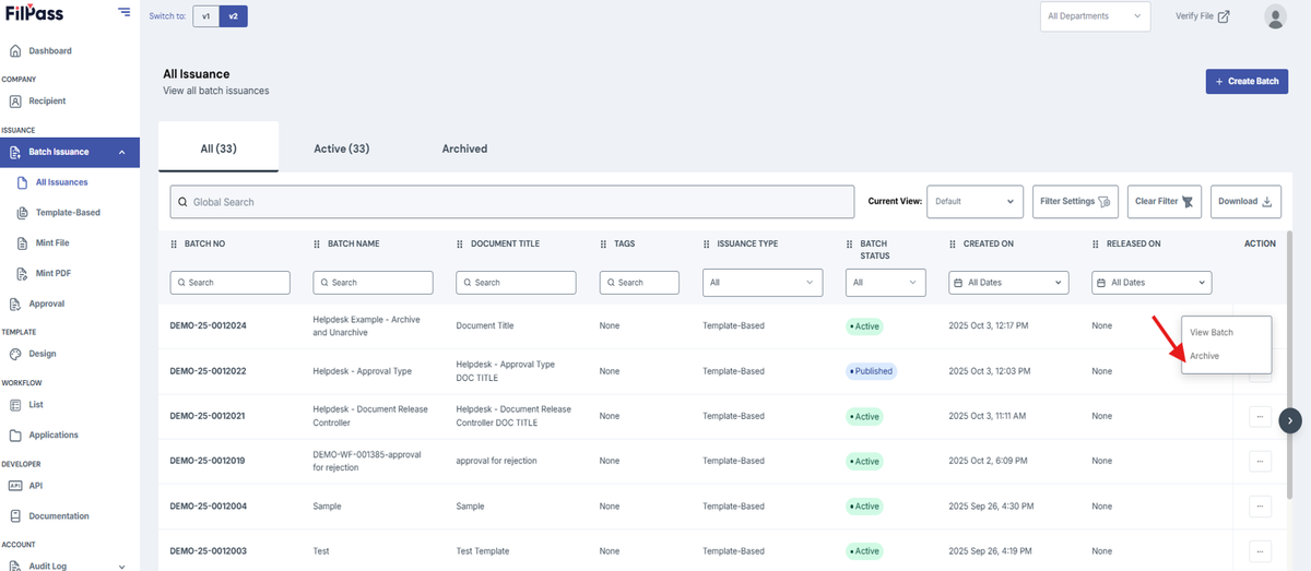 Image of All Issuances page with Archive button highlighted