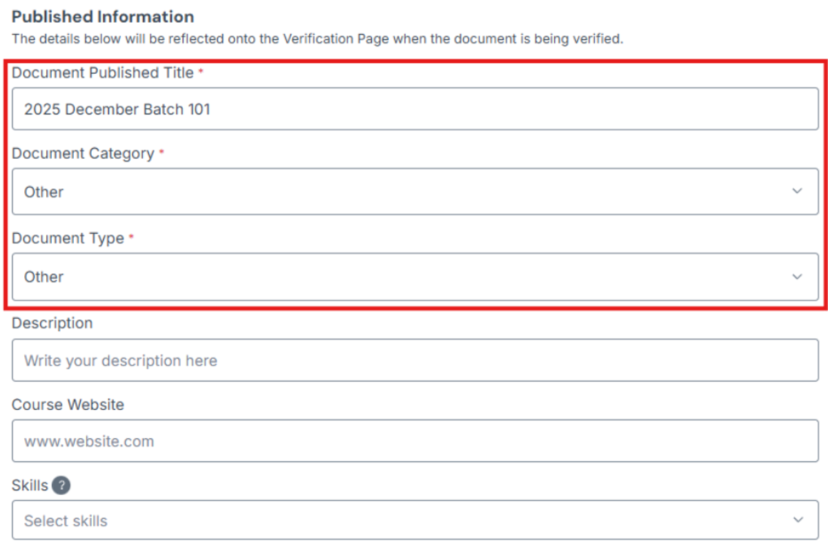 Image of Published Information section with Document Published Title, Document Category and Document Type fields highlighted in a red box