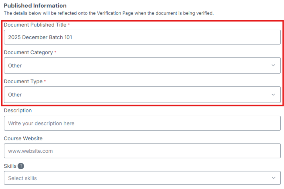 Image of Published Information section with Document Published Title, Document Category and Document Type fields highlighted in a red box