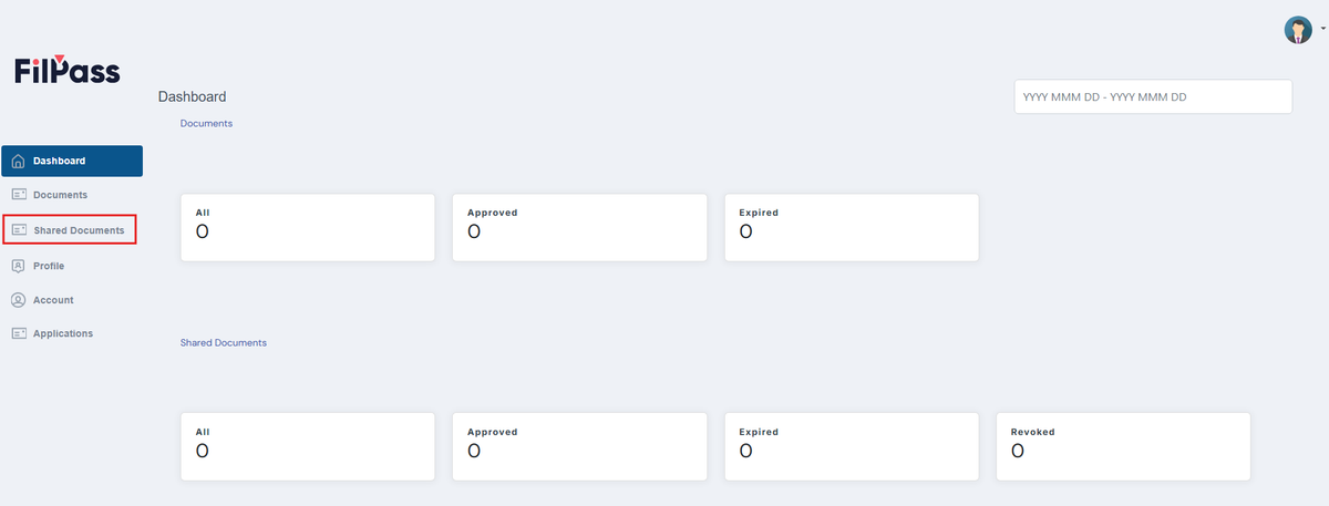 Image of the Dashboard page with the Shared Documents button highlighted in a red box
