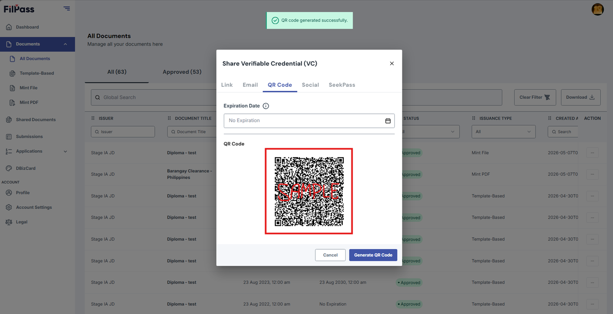Image of the Share Modal with the QR Code with a text "SAMPLE" in red font color highlighted in a red box 