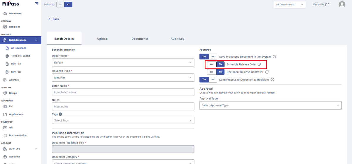Image of Create Batch with Mint File issuance type with Scheduled Release Date highlighted in a red box