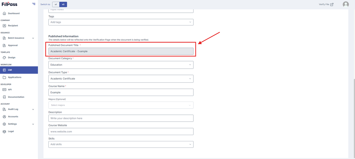 Image of the Issuance page with the Published Document Title highlighted in a red box