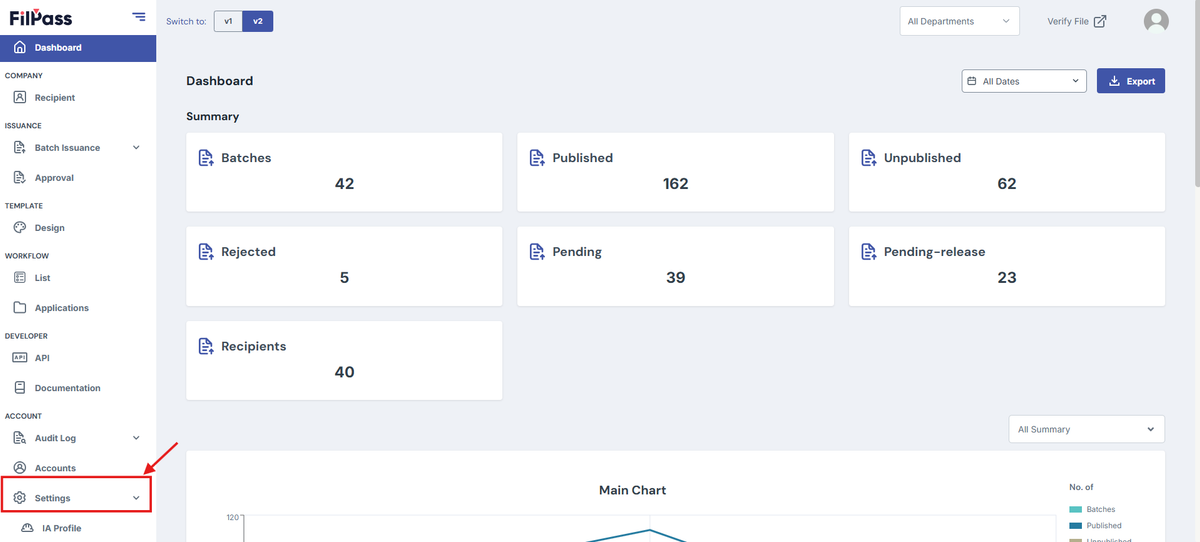 Image of a box highlighting the Settings and IA Profile Tab of the navigation bar.