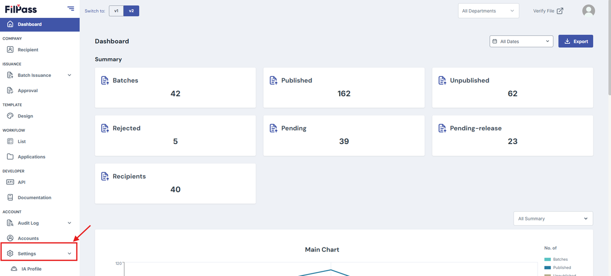 Image of a box highlighting the Settings and IA Profile Tab of the navigation bar.