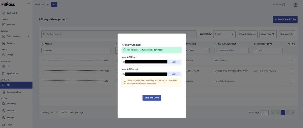 Image of the modal showing the API Key and secret.