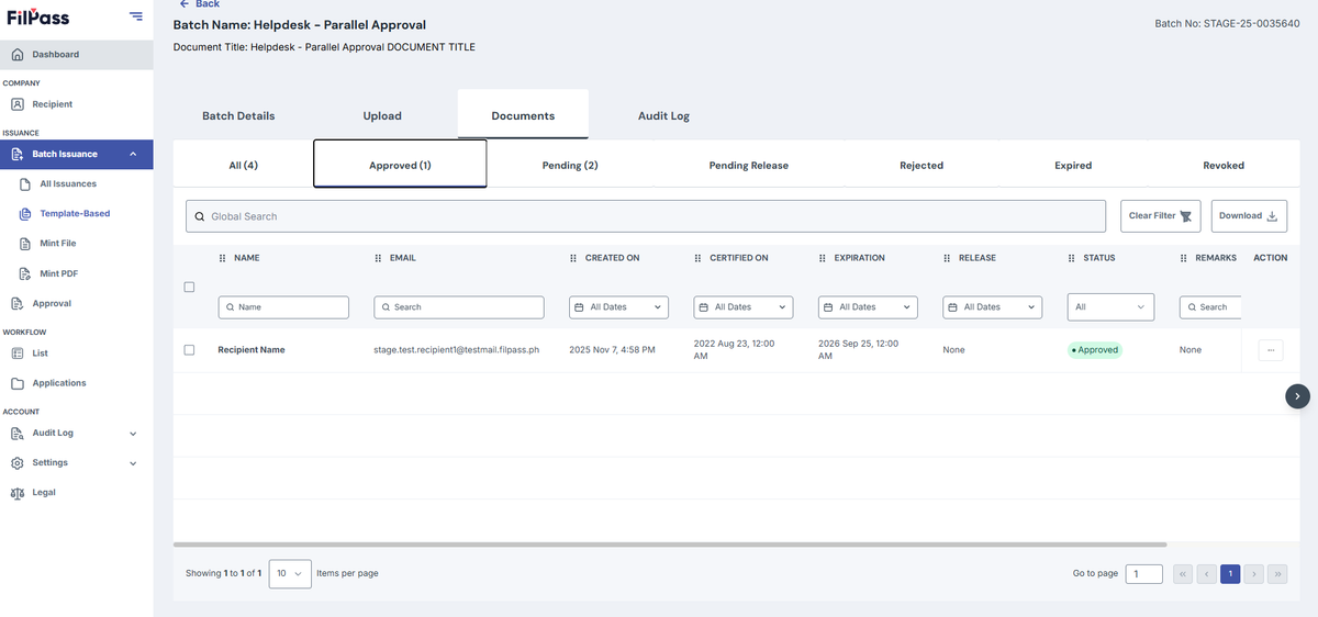 Image of Documents page with Approved tab open