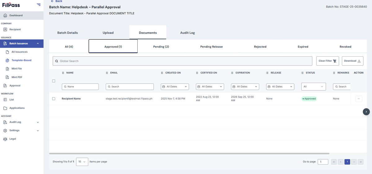 Image of Documents page with Approved tab open