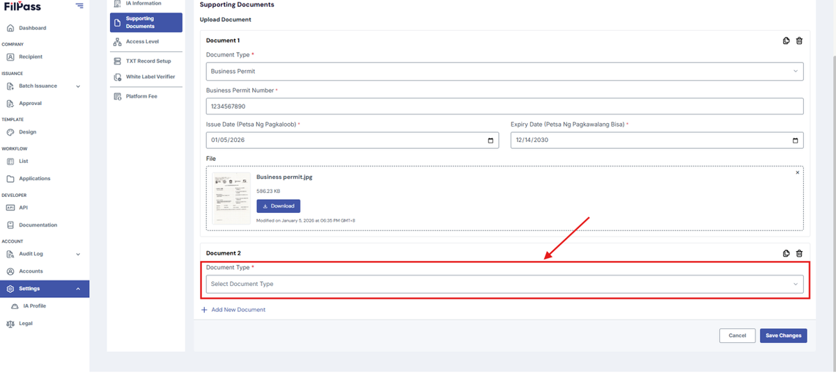 Image of the Supporting Documents tab with the highlighted Document Type field
